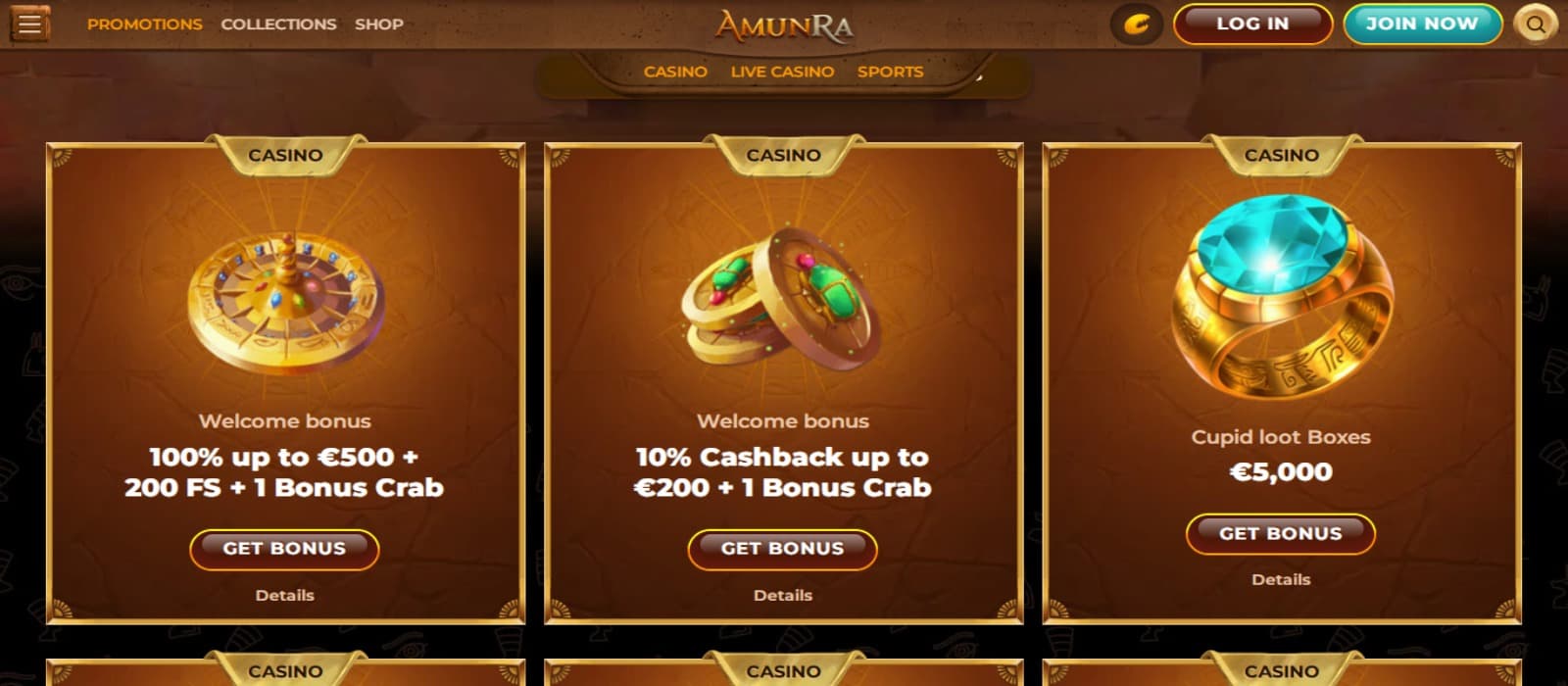 AmunRa Casino promotions page with the bonus offer banners and animated gemstones