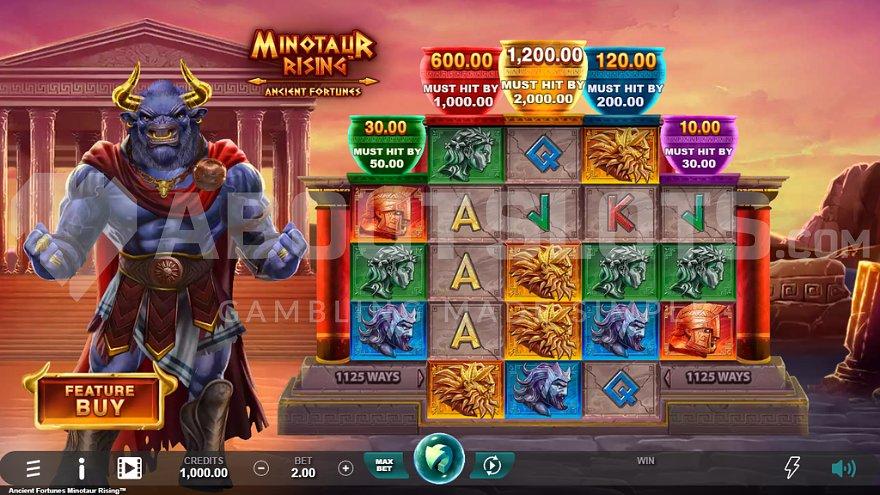 A casino slot next to a blue minotaur. 