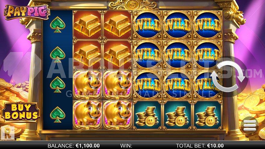 A casino slot in a vault with 6 reels and 4 rows.