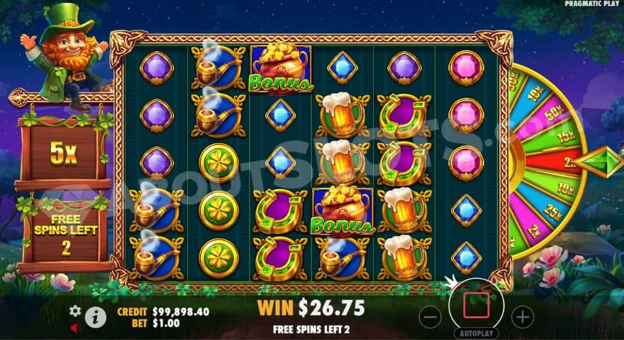 Free Spins bonus game with a multiplier wheel being present to the right.