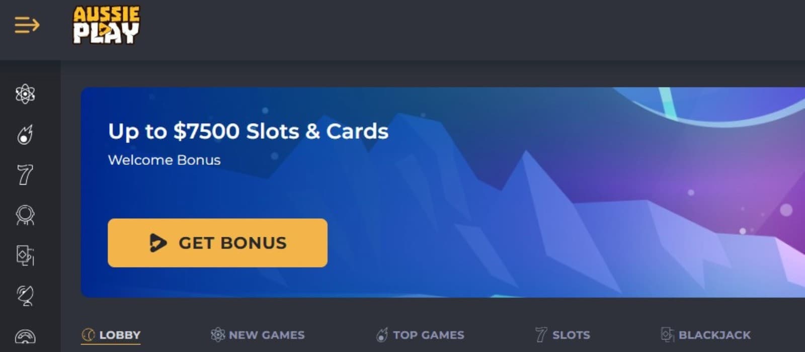 The landing page of AussiePlay Casino presents the welcome bonus of up to 7500 dollars on slots and cards.