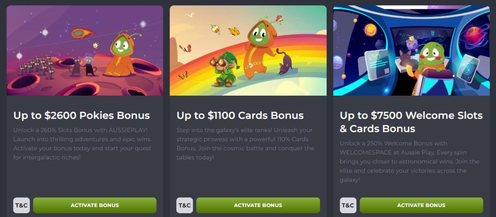 The games section of AussiePlay Casino displays a range of bonuses such as up to 1100 dollars cards bonus, and more.