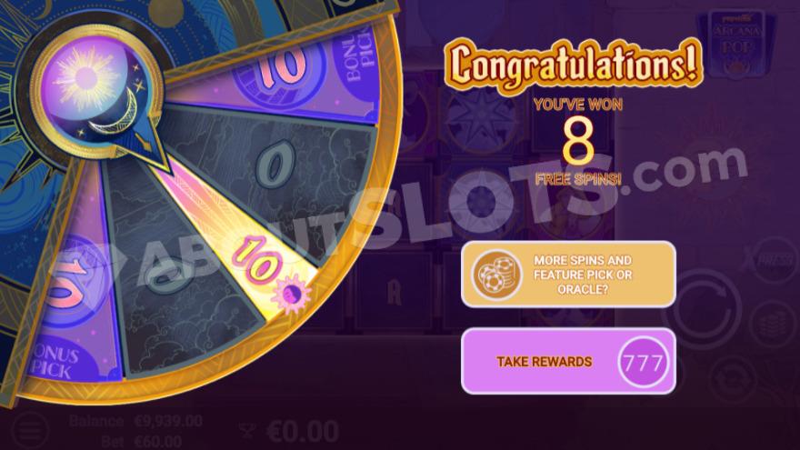 Free Spins intro with an option to use the gamble wheel.