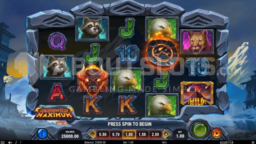 Picture of the base game with various animals and the fire beast on the reels