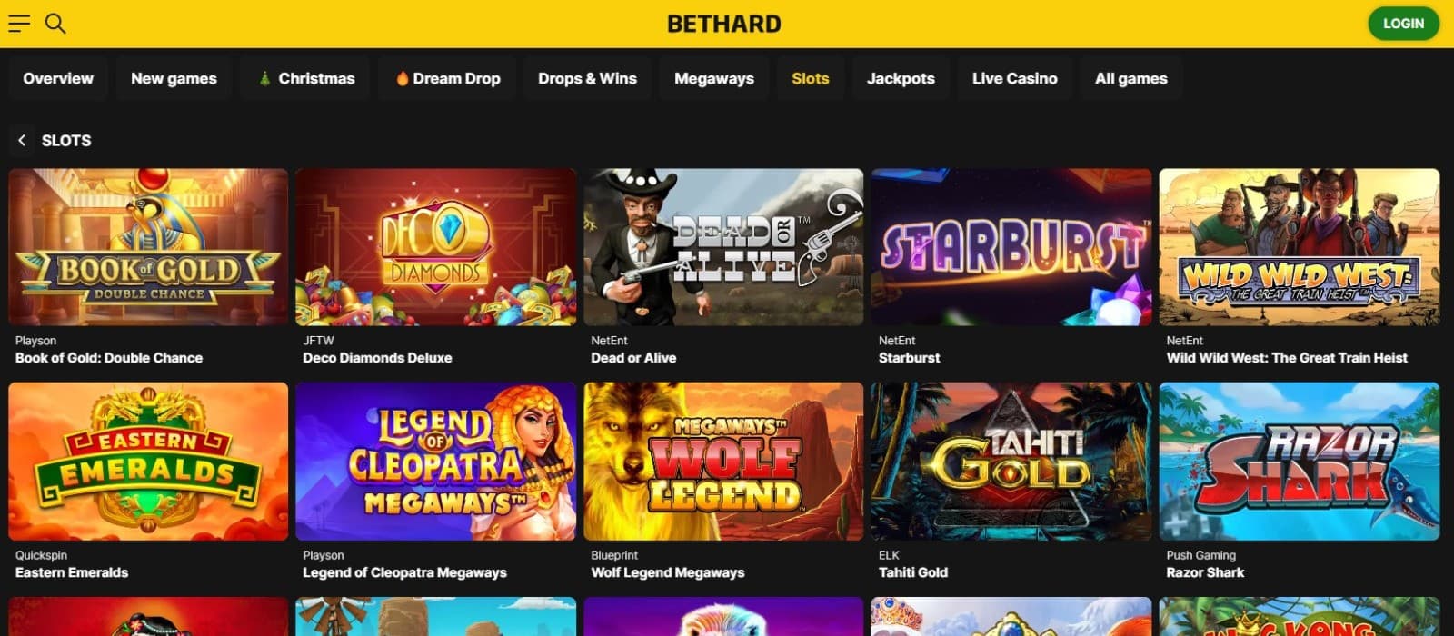 Bethard Casino's slot games category, showing various titles such as Starburst and other games.