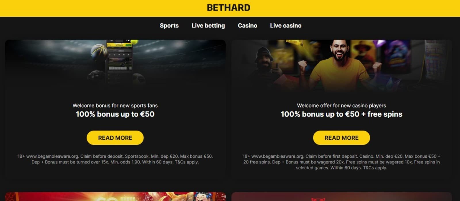 Bethard Casino's promotions page, showing the welcome bonus package worth up to €50.