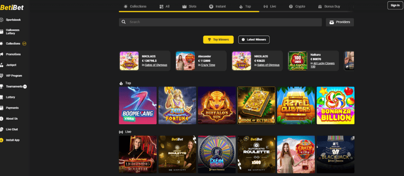 A selection of the library of slots available at BetiBet on a dark background.