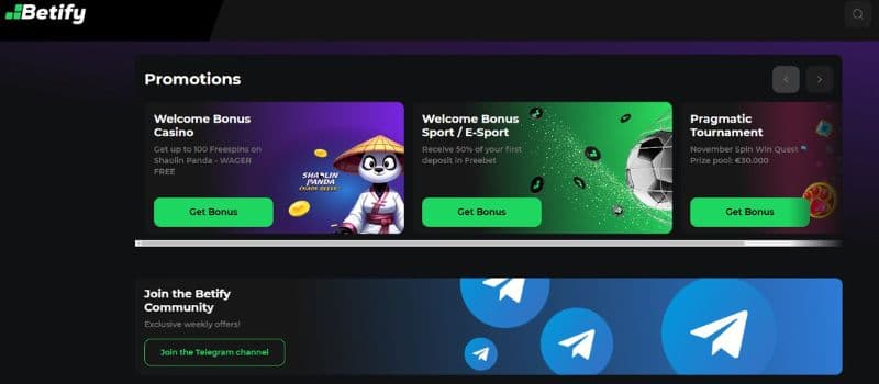 The promotions page of the Betify casino showcases a range of bonuses, such as the welcome bonus for online casino players, the welcome bonus for sportsbook players, and the Pragmatic Play tournament.