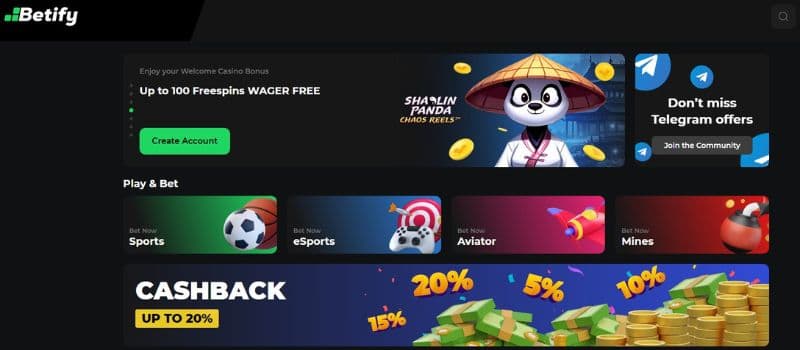 The homepage of Betify casino displays the wager-free welcome bonus of up to 100 free spins on the Shaolin Panda slot on a dark background with a panda cartoon. 