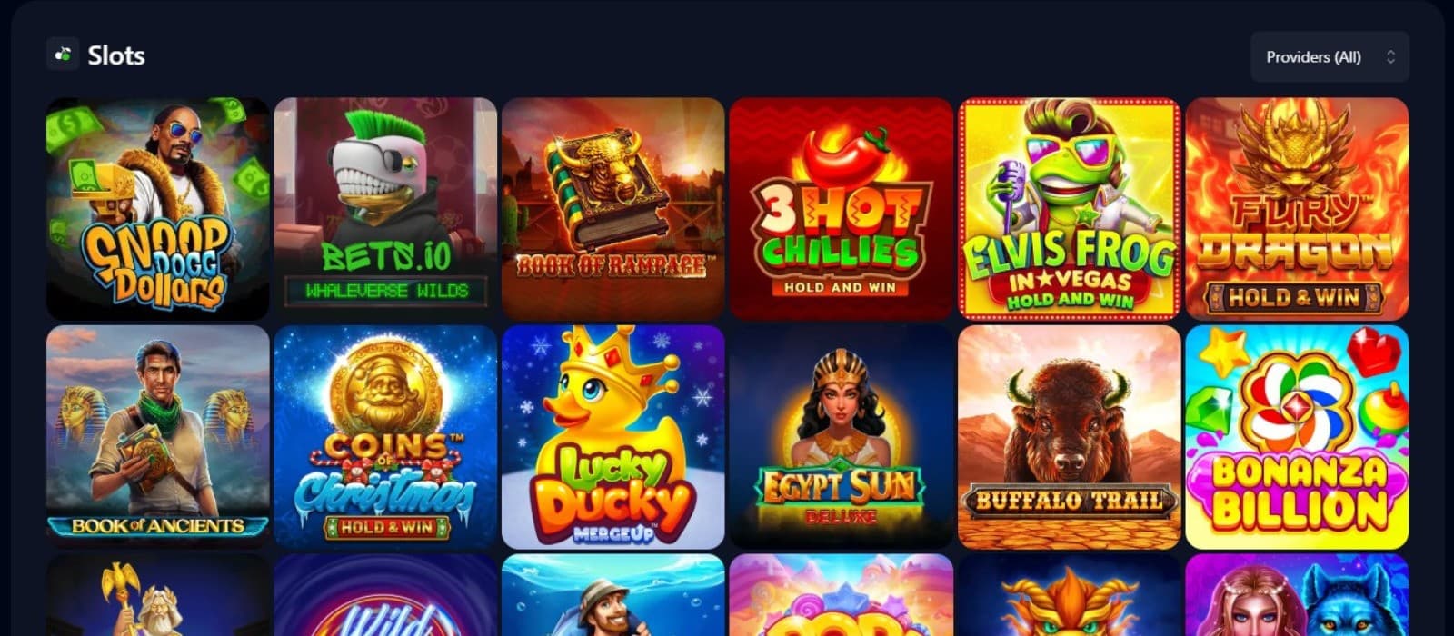 The games section of Bets.io Casino showcases a wide variety of slots, such as Snoop Dogg Dollars, Book of Ancients, and more.