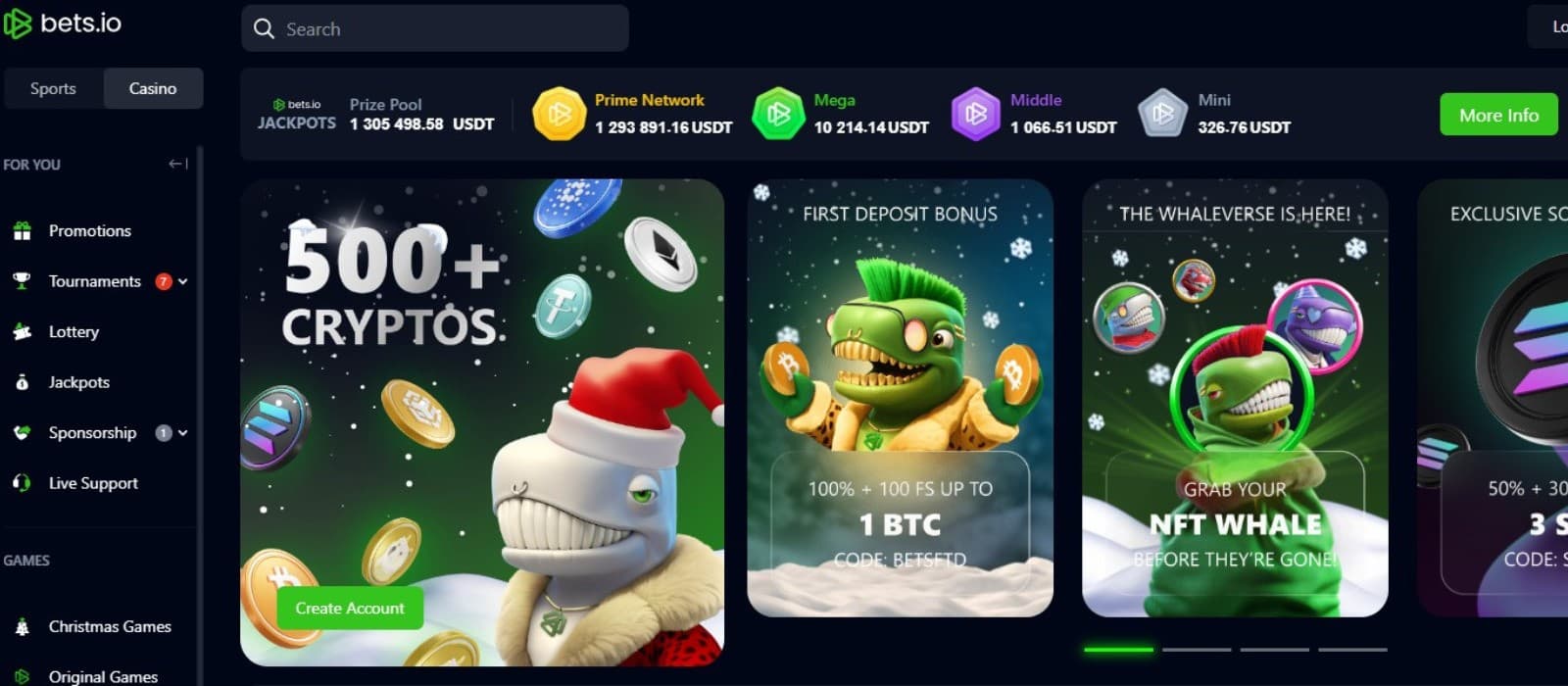 The landing page of Bets.io Casino presents the current casino bonuses such as the first deposit bonus.