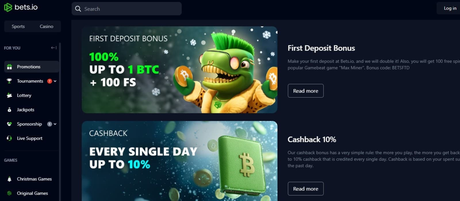  The promotions page of Bets.io Casino displays a selection of offers such as, the first deposit bonus and the cashback bonus.