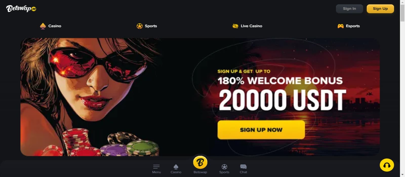 Betswap casino landing page with the welcome bonus offer banner and top navigational menus