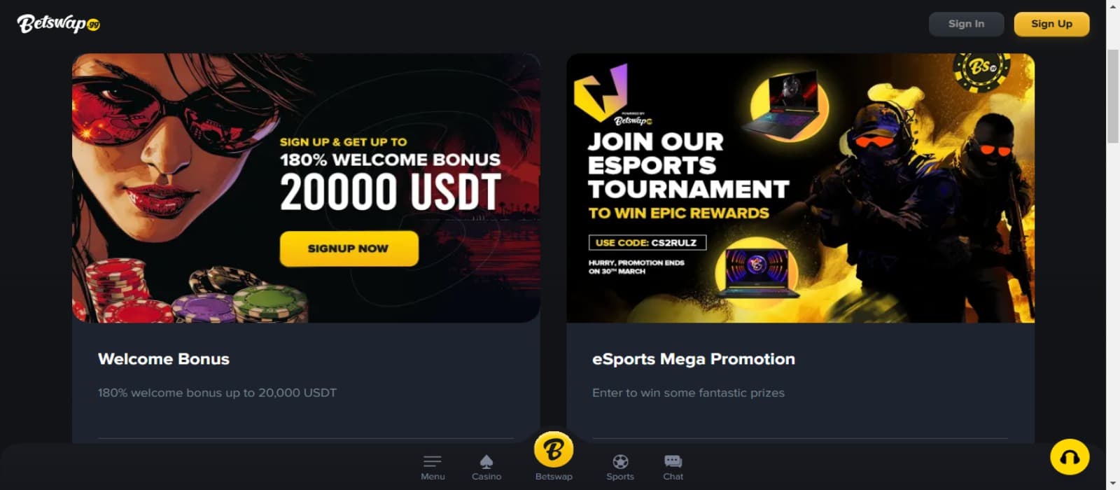 Betswap casino promotions page with the welcome bonus offer banner and tournament banner