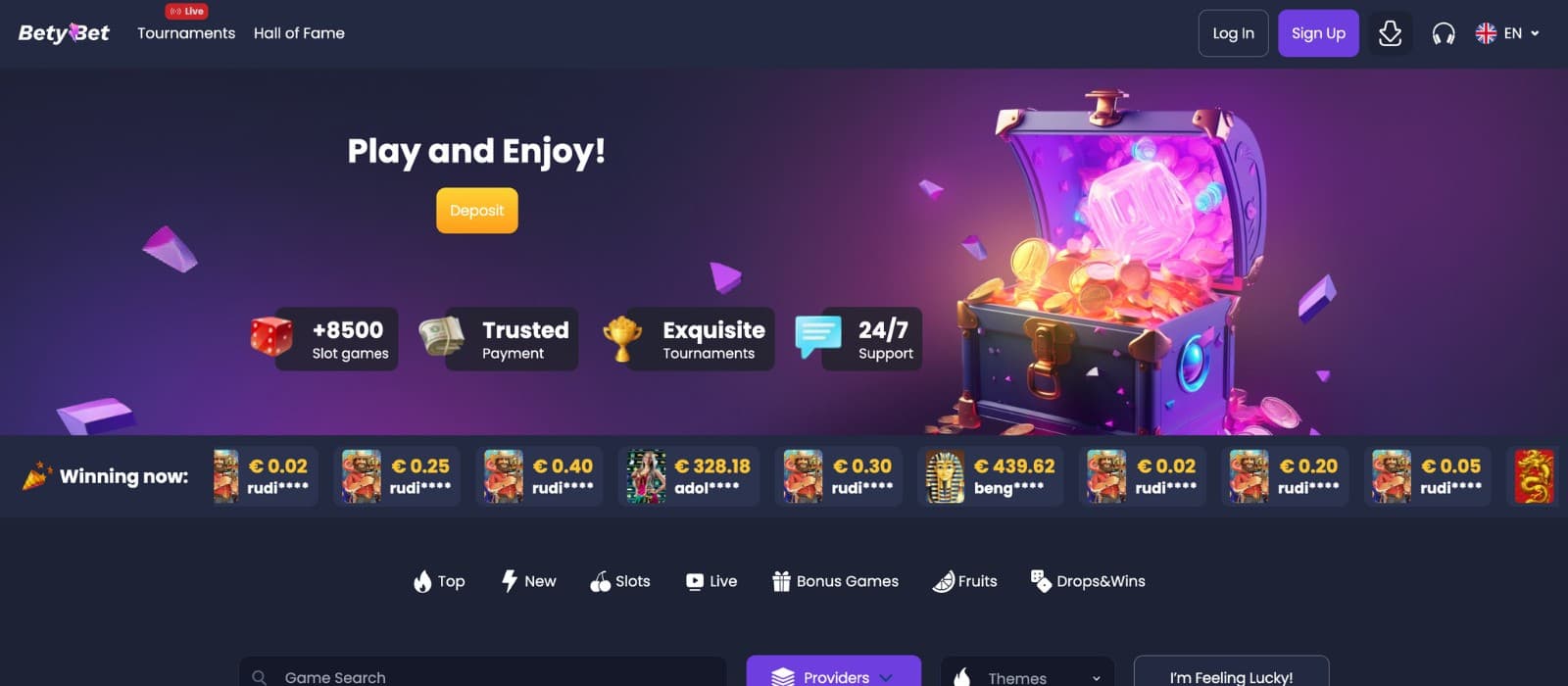 The landing page of BetyBet Casino showcases the unique features of the casino, such as game library, payment options, tournament, and customer support.