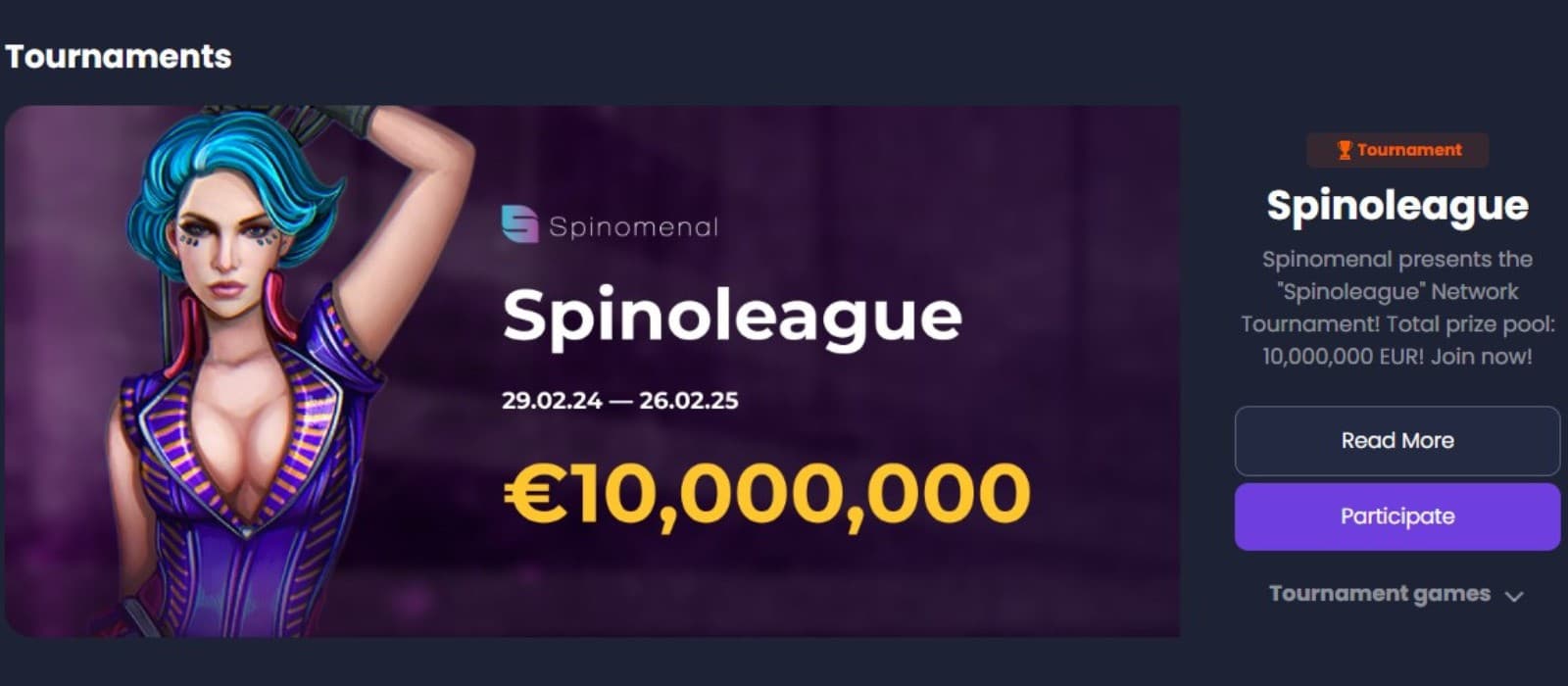 The promotions page of BetyBet Casino displays the Spinoleague tournament, which has a 10.000.000 euros prize pool.