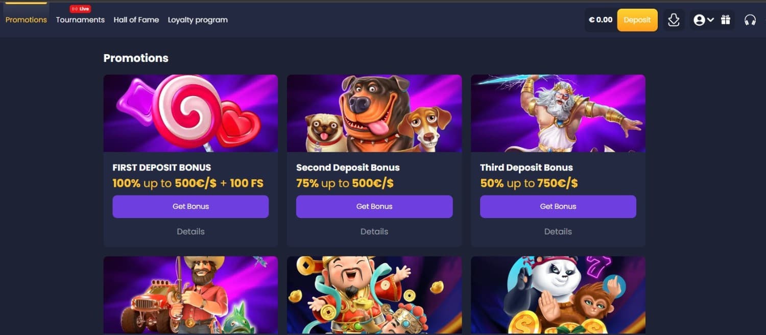 The promotions page of BetyBet Casino displays the first, second, and the third deposit bonuses.