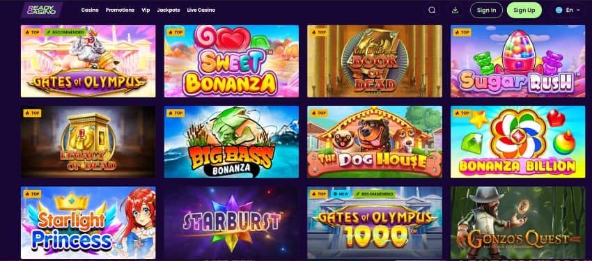 ReadyCasino slots category showing thumbnails of some of the games like the dog house and Gonzo’s Quest