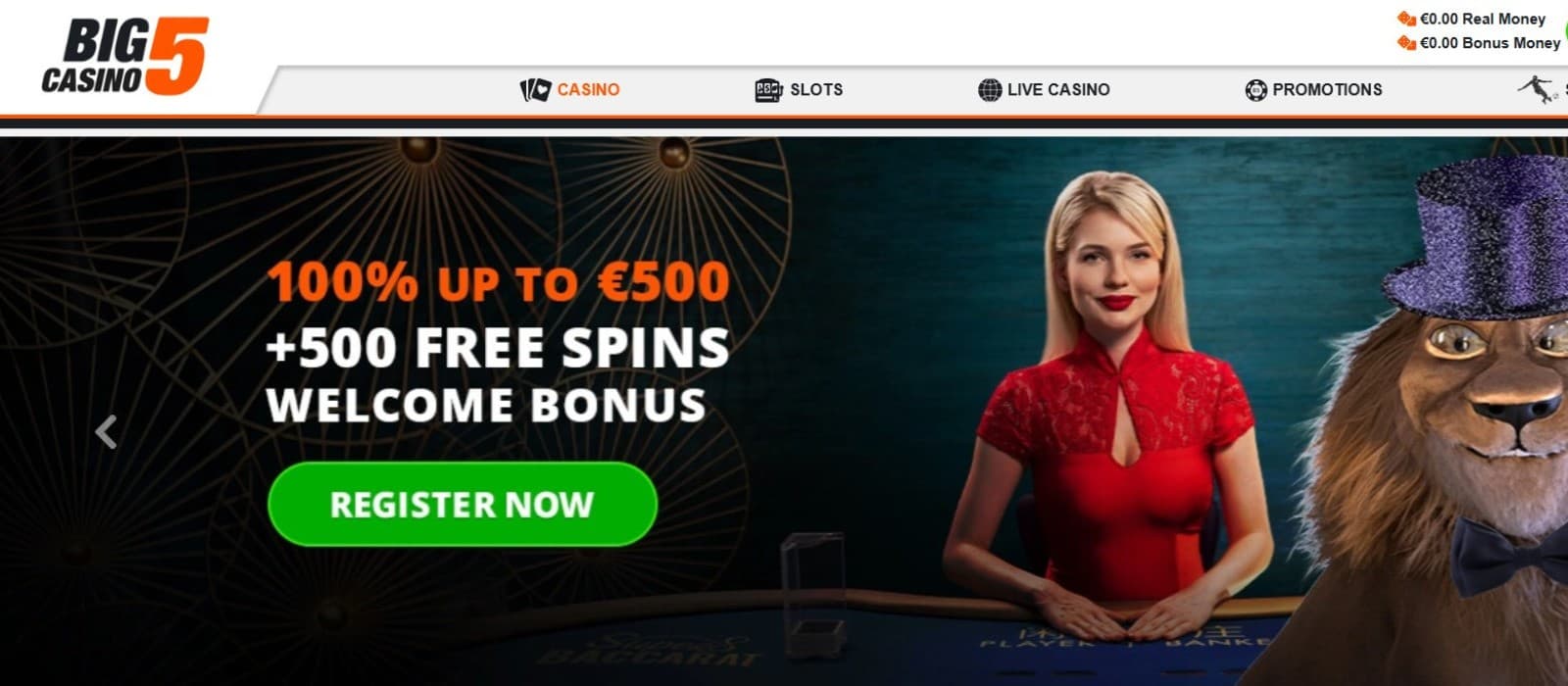 The landing page of Big5 Casino presents the welcome bonus of up to 500 euros and 500 free spins.