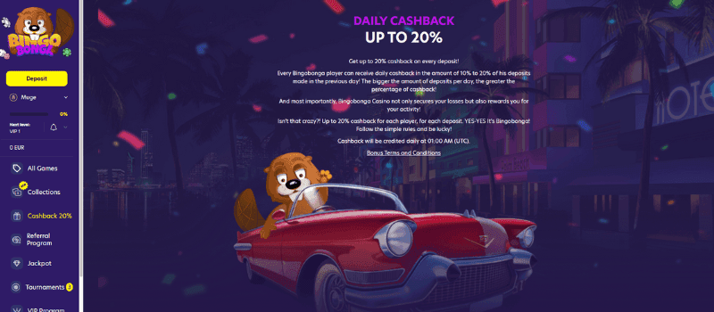 An illustration of a squirrel driving a red sportscar and the features associated with the daily cashback bonus.