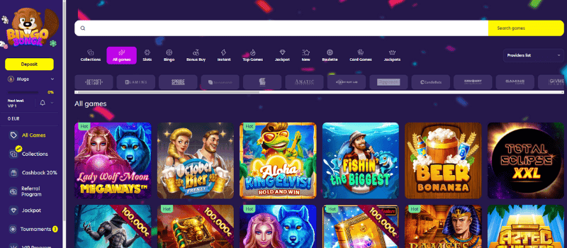 A selection of colorful slot games at BingoBonga Casino.