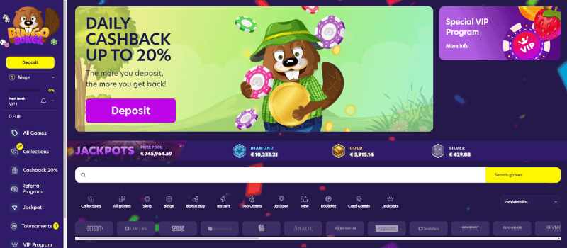 Fun and colorful homepage of BingoBonga Casino, featuring the cashback bonus and the VIP Program offered by the casino.