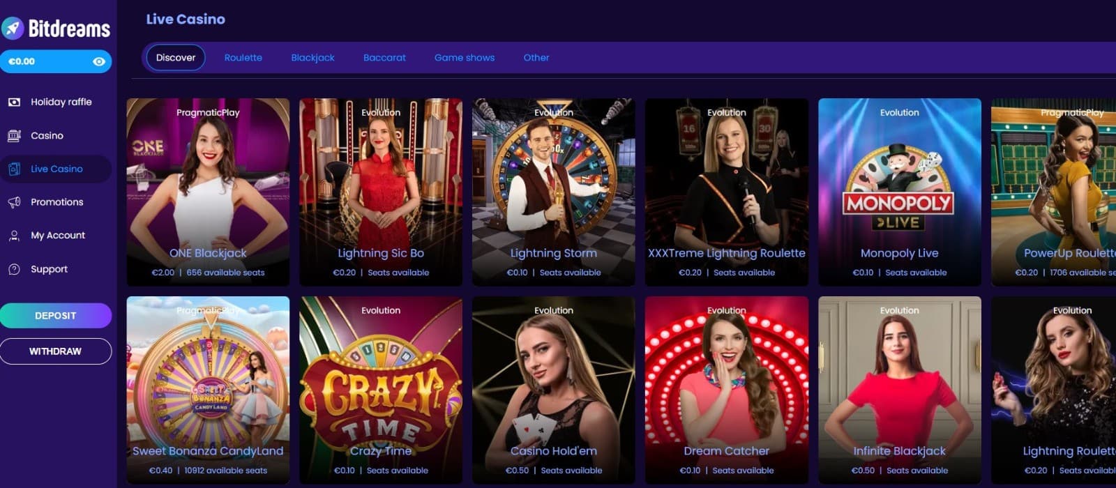 Bitstreams Casino's live casino section, showing variations of roulette.