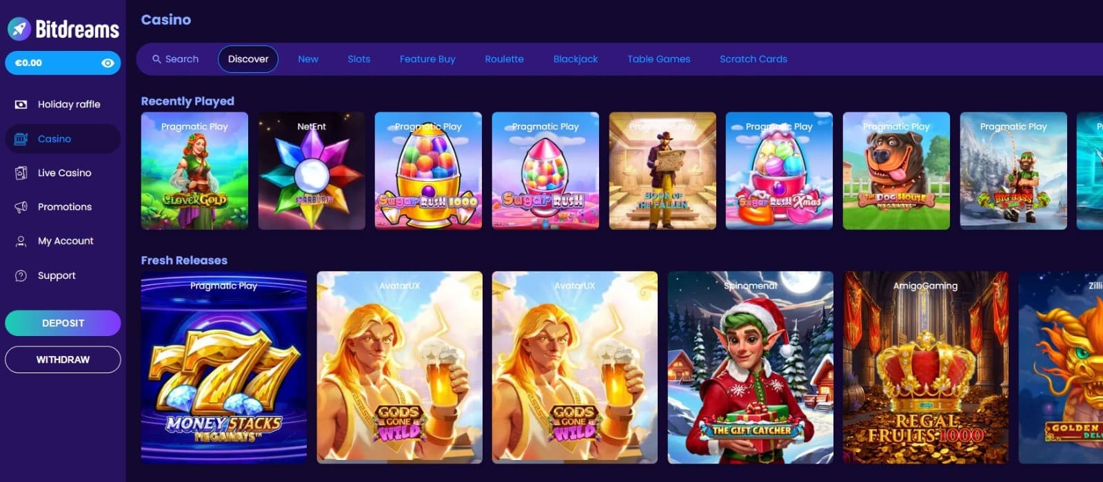 Bitstreams Casino's homepage, showing the welcome bonus and the sidebar menu.