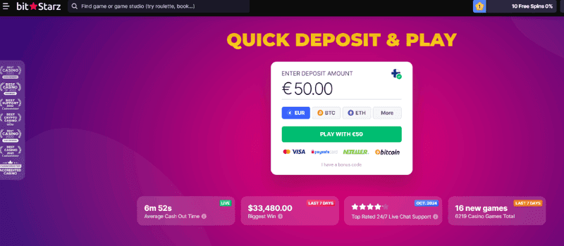 Homepage of BitStarz casino with a quick deposit and play header.