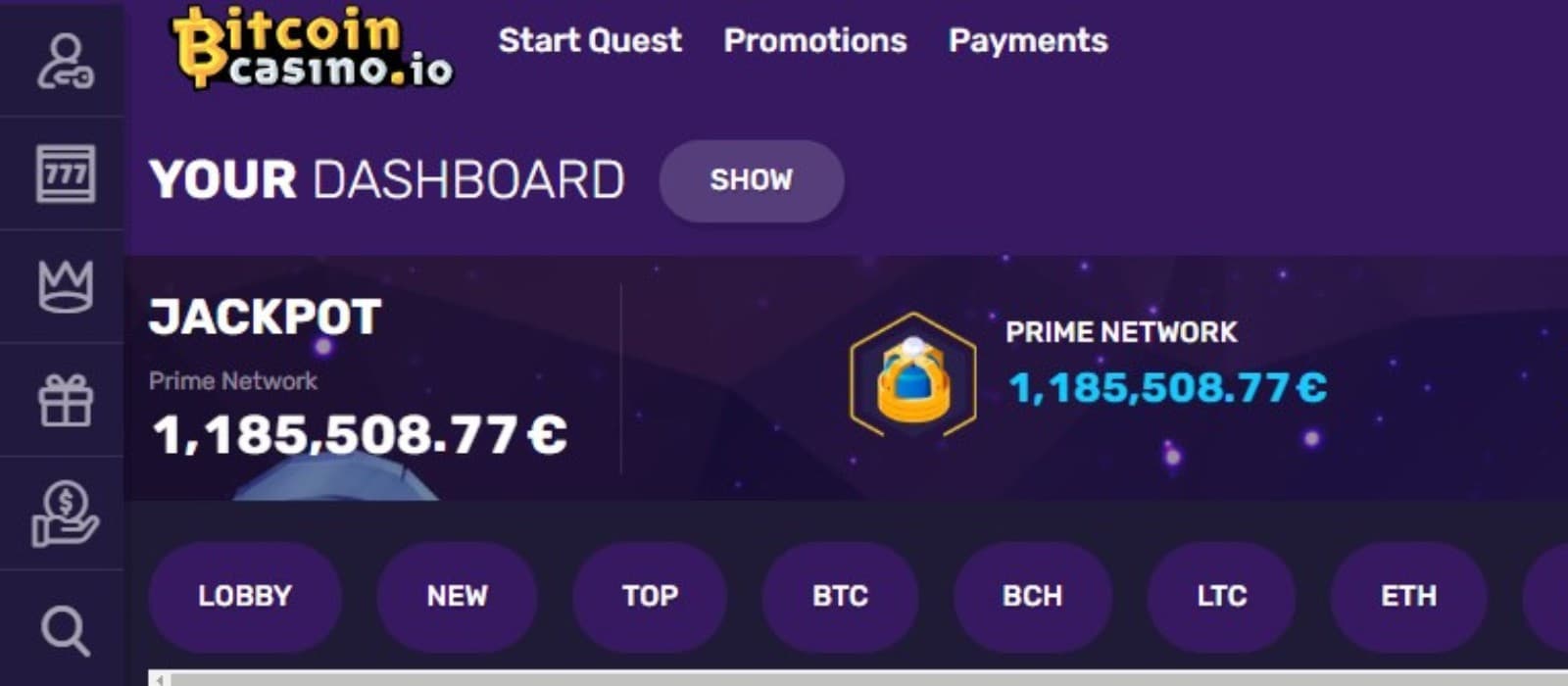 The landing page of Bitcoincasino.io shows the current jackpot prize pool.