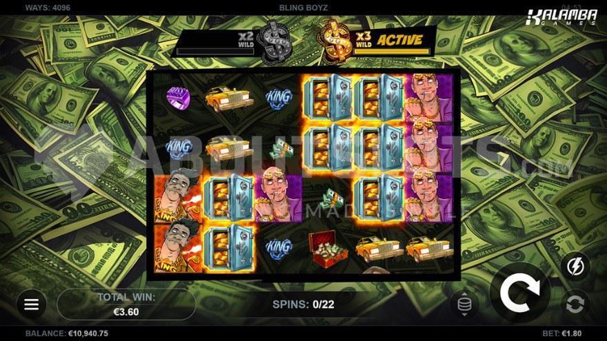 Free Spins bonus game with a pile of dollar bills in the background.