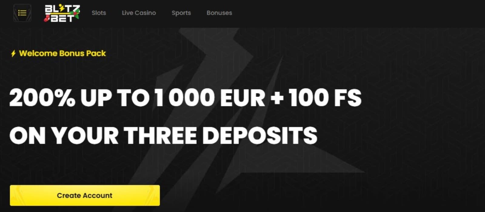 The landing page of Blitz-Bet Casino presents the welcome bonus of up to 1000 euros and 100 free spins.