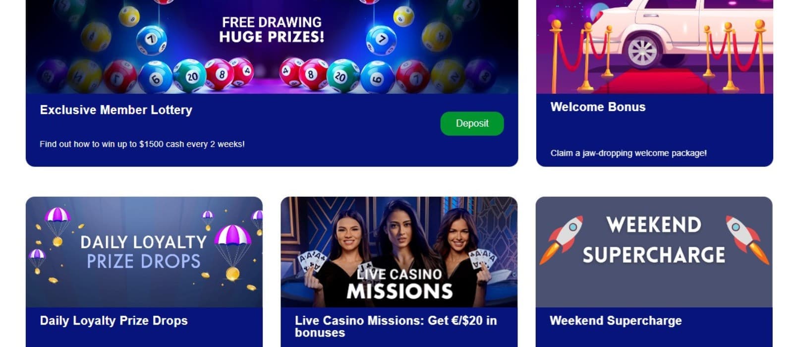 The promotions page of BluVegas Casino display a range of promotions, such as the welcome bonus, daily loyalty prize drops, and more.