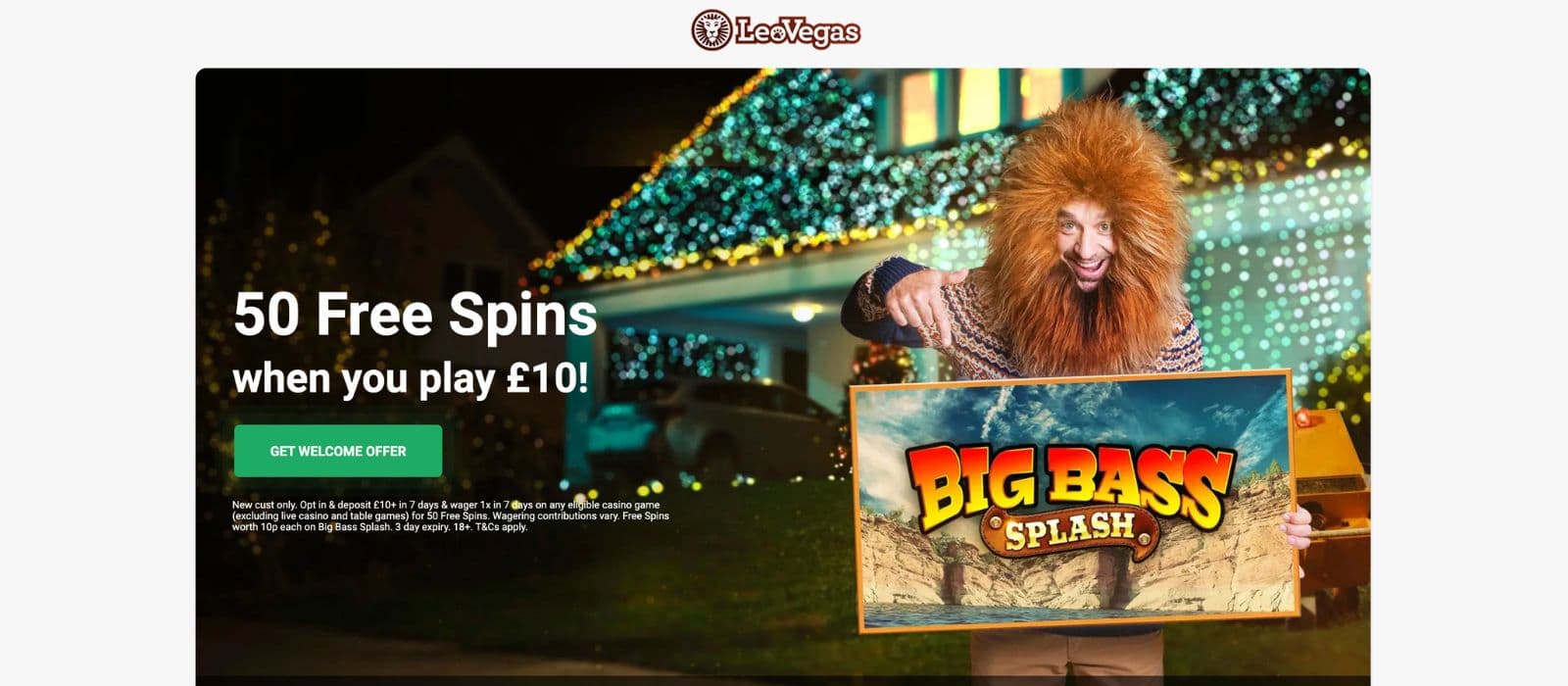 Leovegas' bonus page with a christmas background and a promotion of 50 free spins