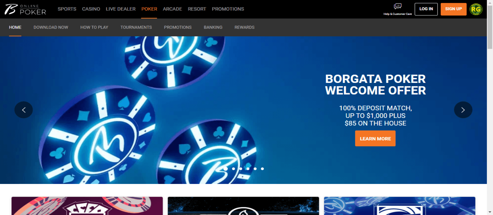 homepage of Borgata Casino with blue illustration of chips and description of the welcome offer