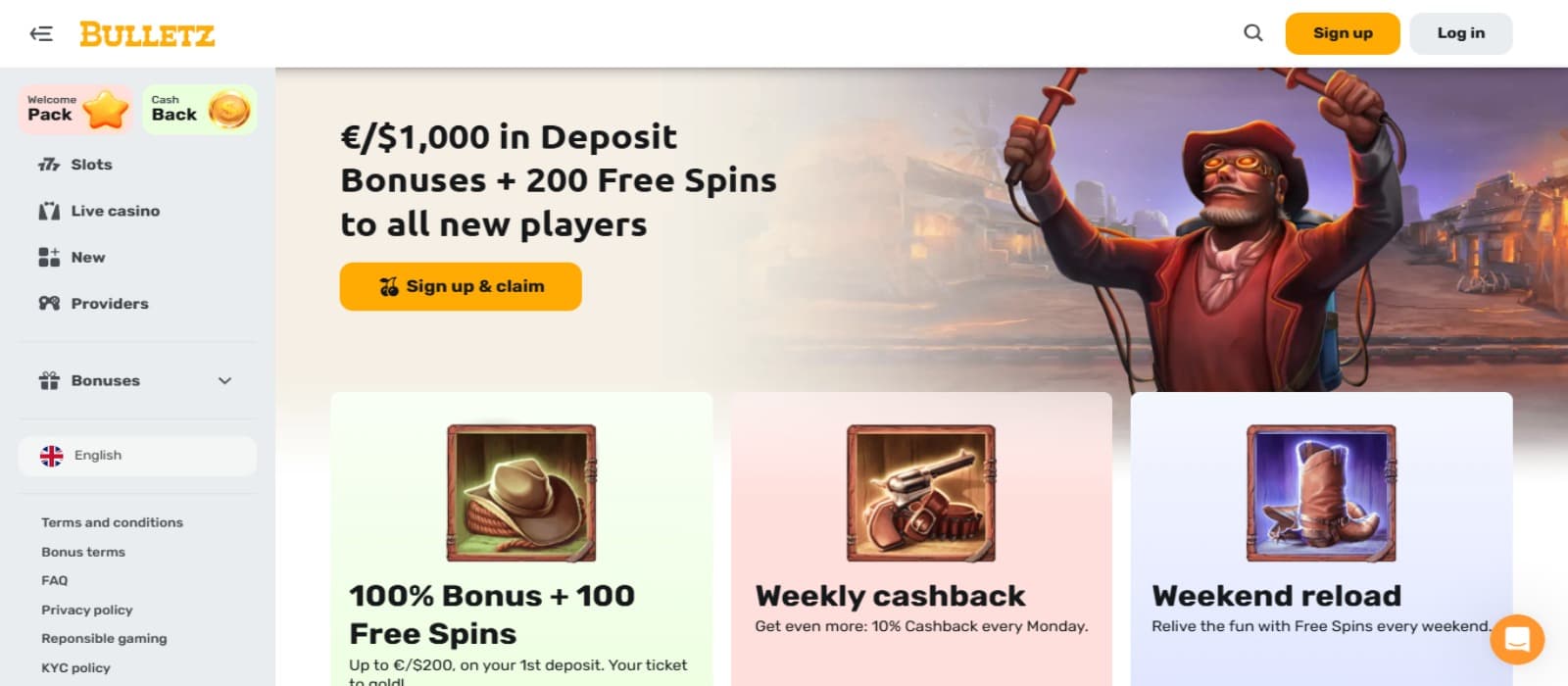 Bulletz Casino landing page showing the welcome bonus banner with the wild west theme and other regular promotions banner. Left side navigational panel is seen