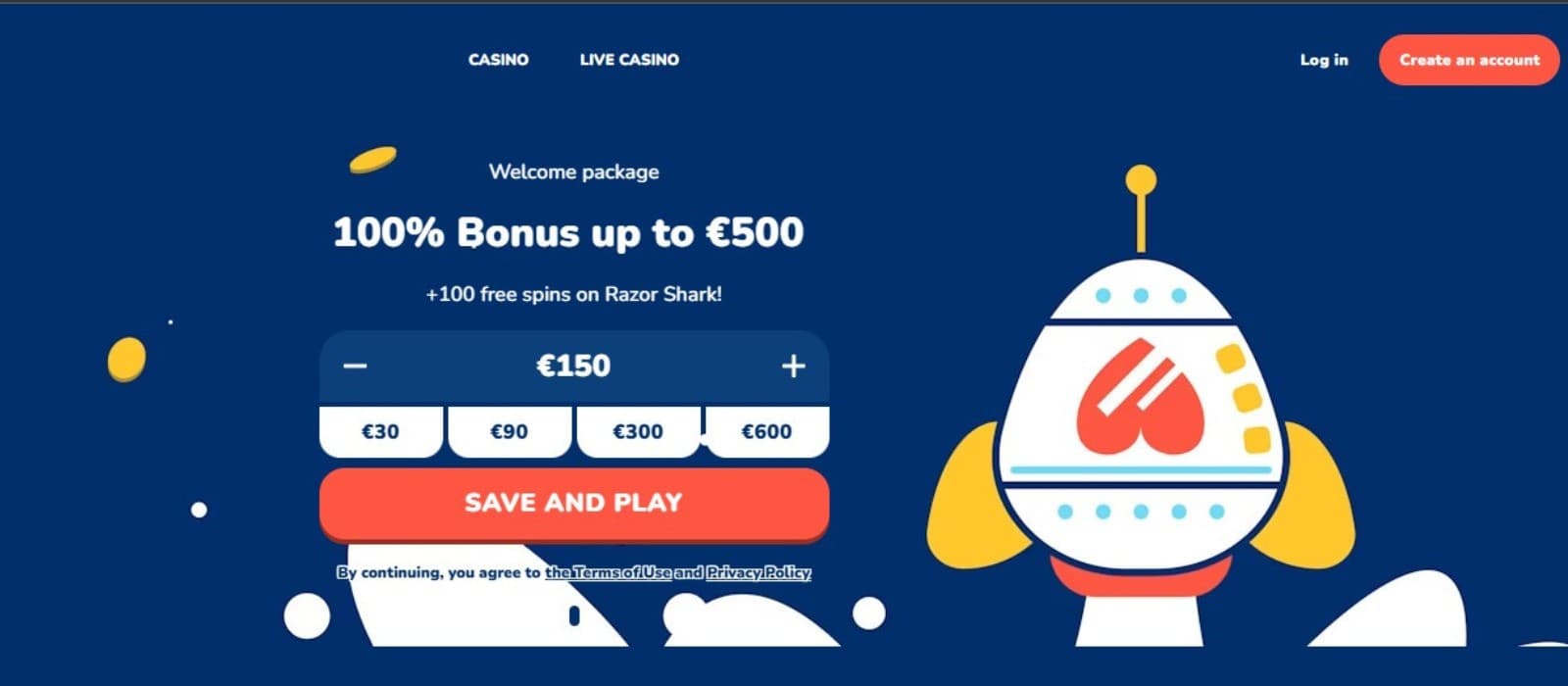 The landing page of Buusti Casino displays the welcome bonus of up to 500 euros.