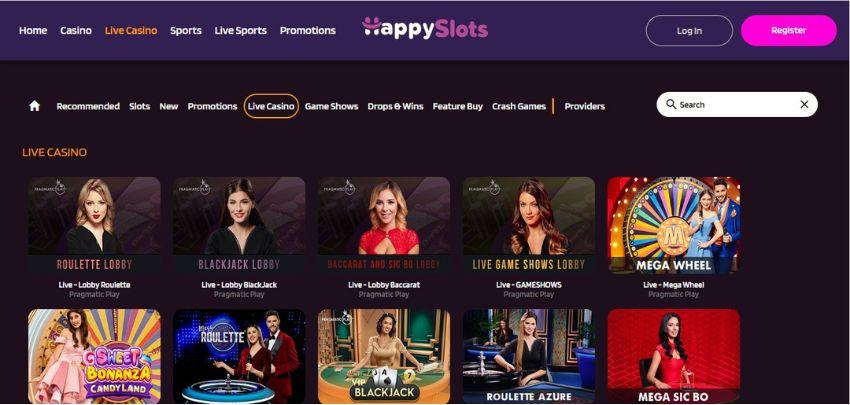 HappySlots Casino's live games section, showing variations of roulette and blackjack.