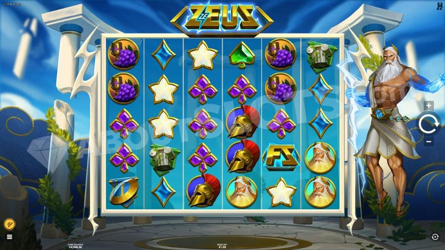 Base game with Zeus on the right of the reels.