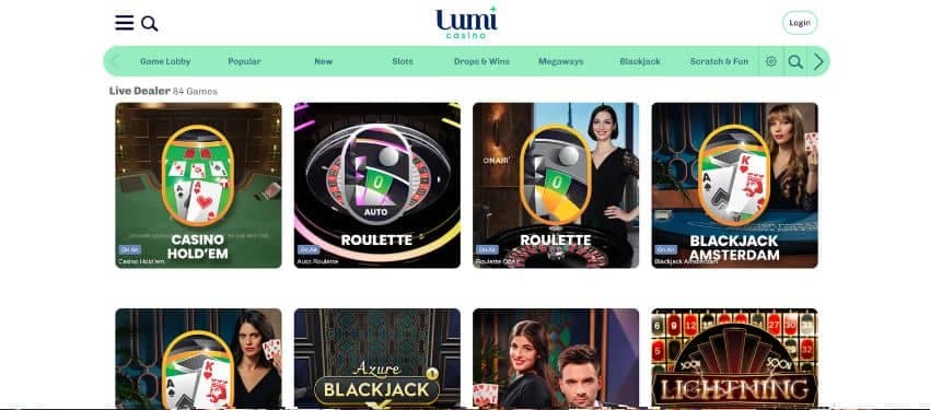 Lumi casino live dealer category showing thumbnails of some titles you can play on the website