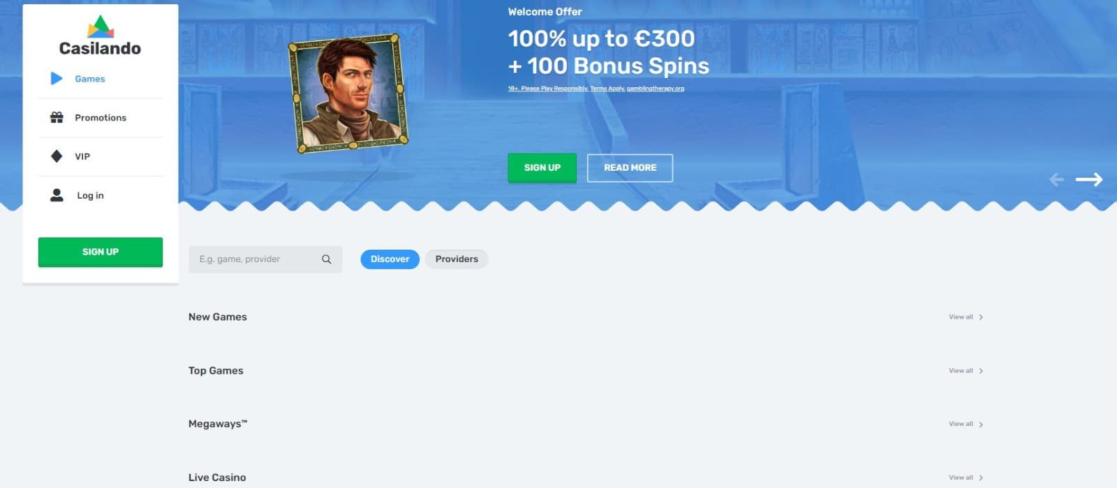 The landing page of Casilando Casino presents the welcome bonus of up to 300 euros and 100 bonus spins.