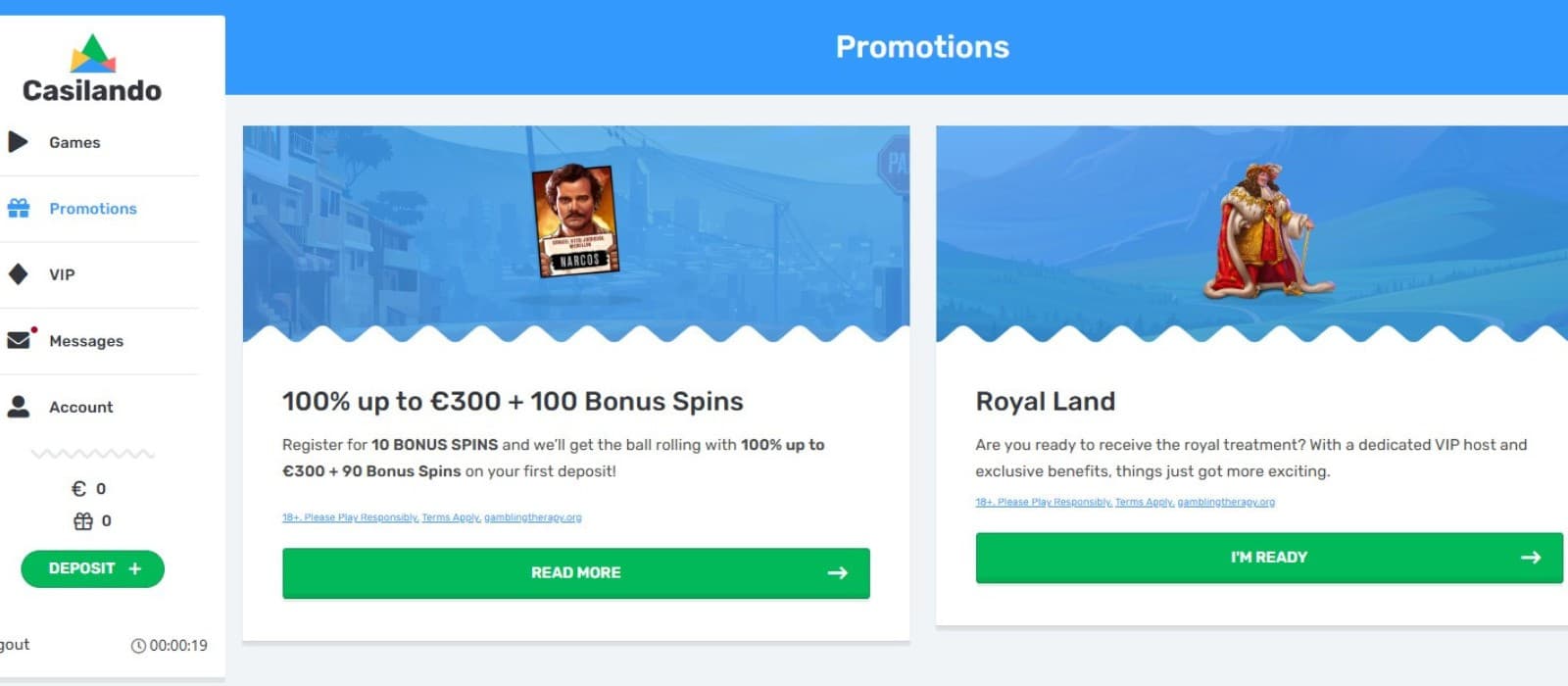 The promotions page of Casilando Casino shows the welcome casino and the Royal Land offers.