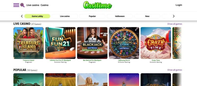 Casilime Casino Games: Explore a variety of games, including Live Casino, Popular, Halloween, and more.