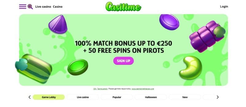 Casilime Casino homepage featuring a welcome bonus: 100% match bonus up to €250 and 50 free spins on the Pirots slot game.