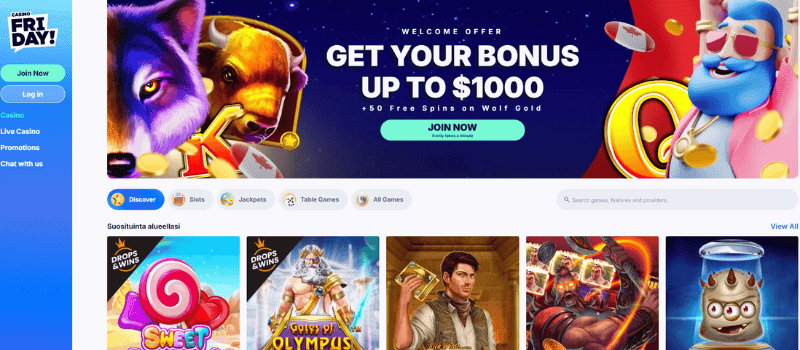 Casino Friday homepage with a user-friendly interface and a banner highlighting the welcome bonus and popular casino games.