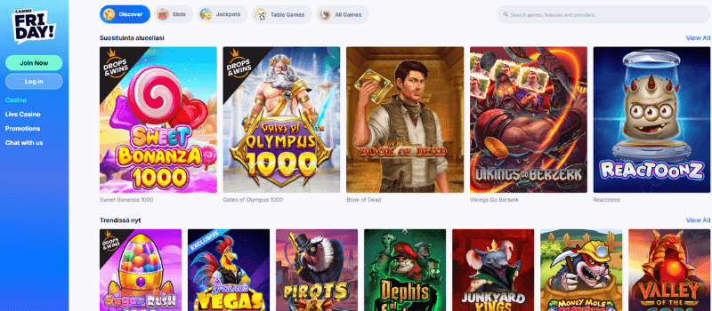 Casino Friday website's section that displays a wide range of slot games with different themes and features.