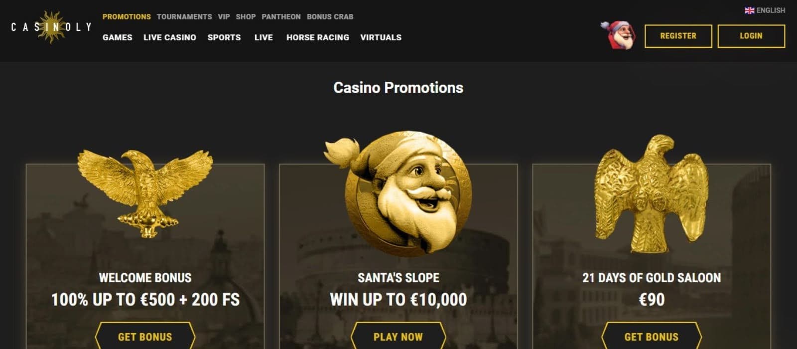 Casinoly Casino's promotions page, showing the welcome bonus and other promotions.