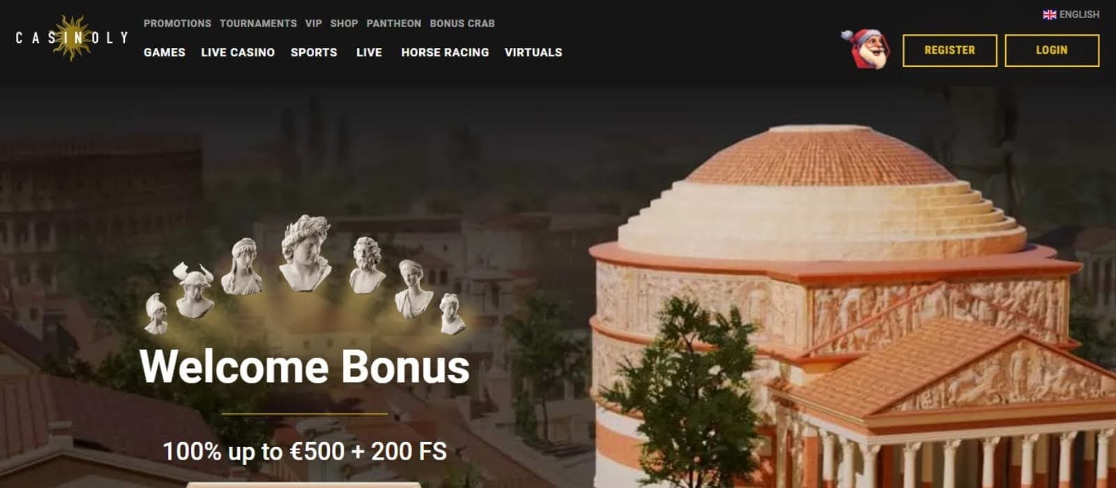 Casinoly Casino's homepage, showing the welcome bonus displayed against a Roman Empire background.