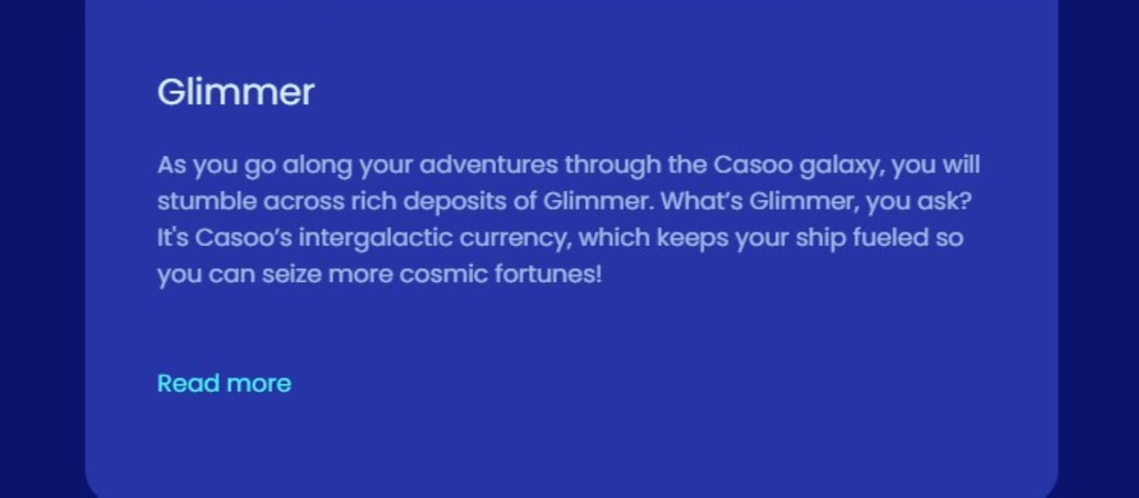 The promotions page of Casoo Casino displays the Glimmer points offered by Casoo Casino.