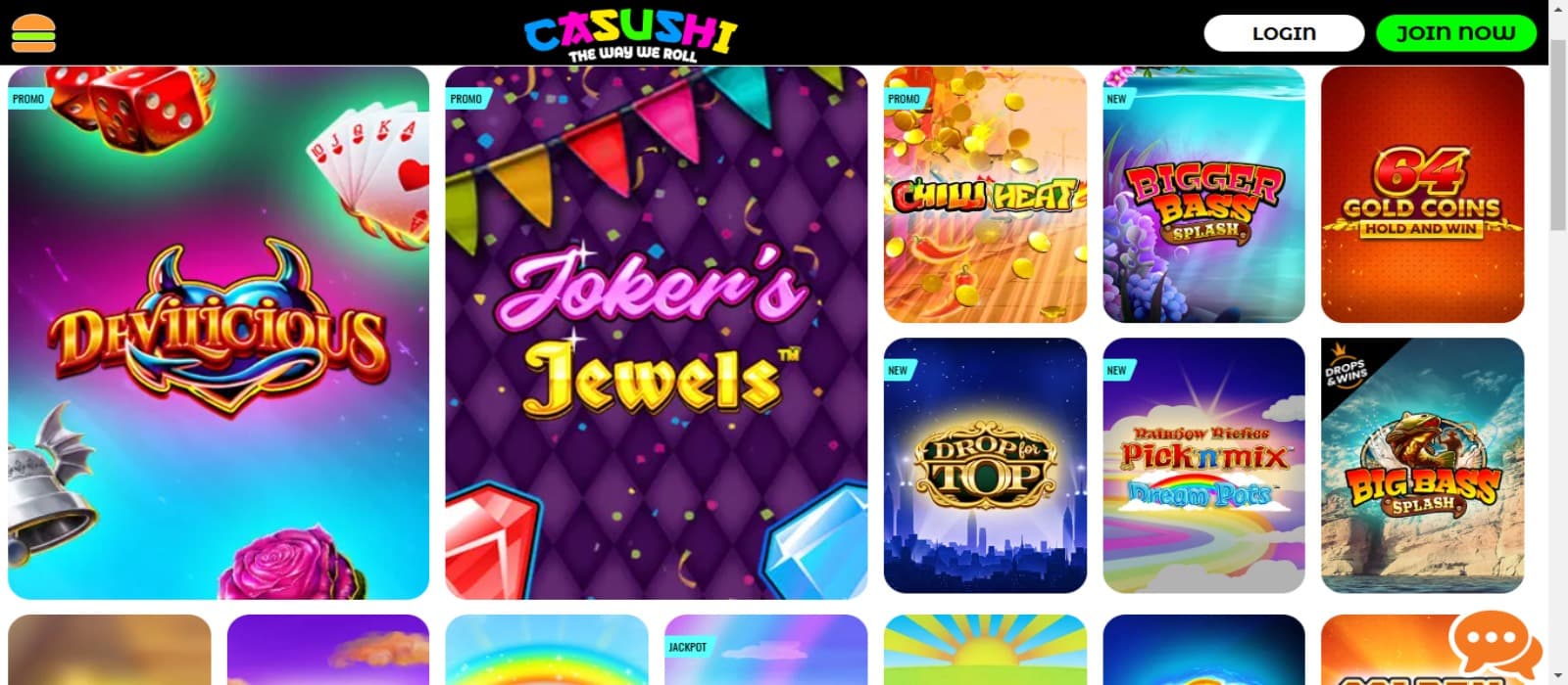 Casushi casino games page with the various colorful slot game icons and login option